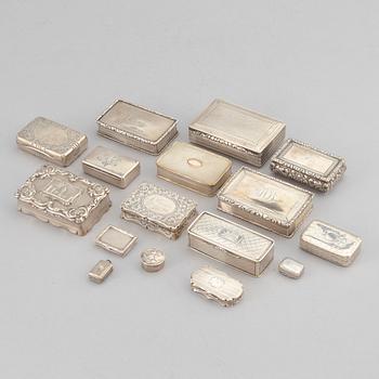 16 silver boxes, including Nathaniel Mills, Birmingham, 1825, John Lint, London, 1816, and Charles Cooke, 1908.