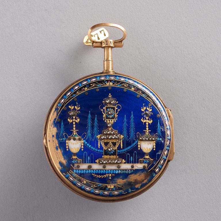 J S Patron, fickur, guld, stenar och emalj, Geneve omkr 1800.
