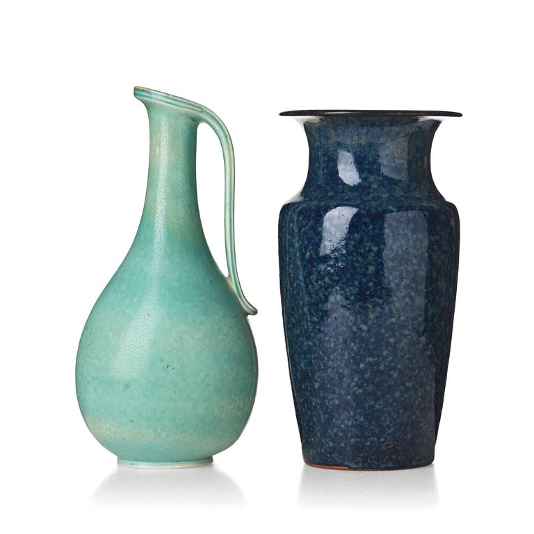 Gunnar Nylund, a stoneware ewer, Rörstrand, and a vase by unknown designer, mid 20th century.