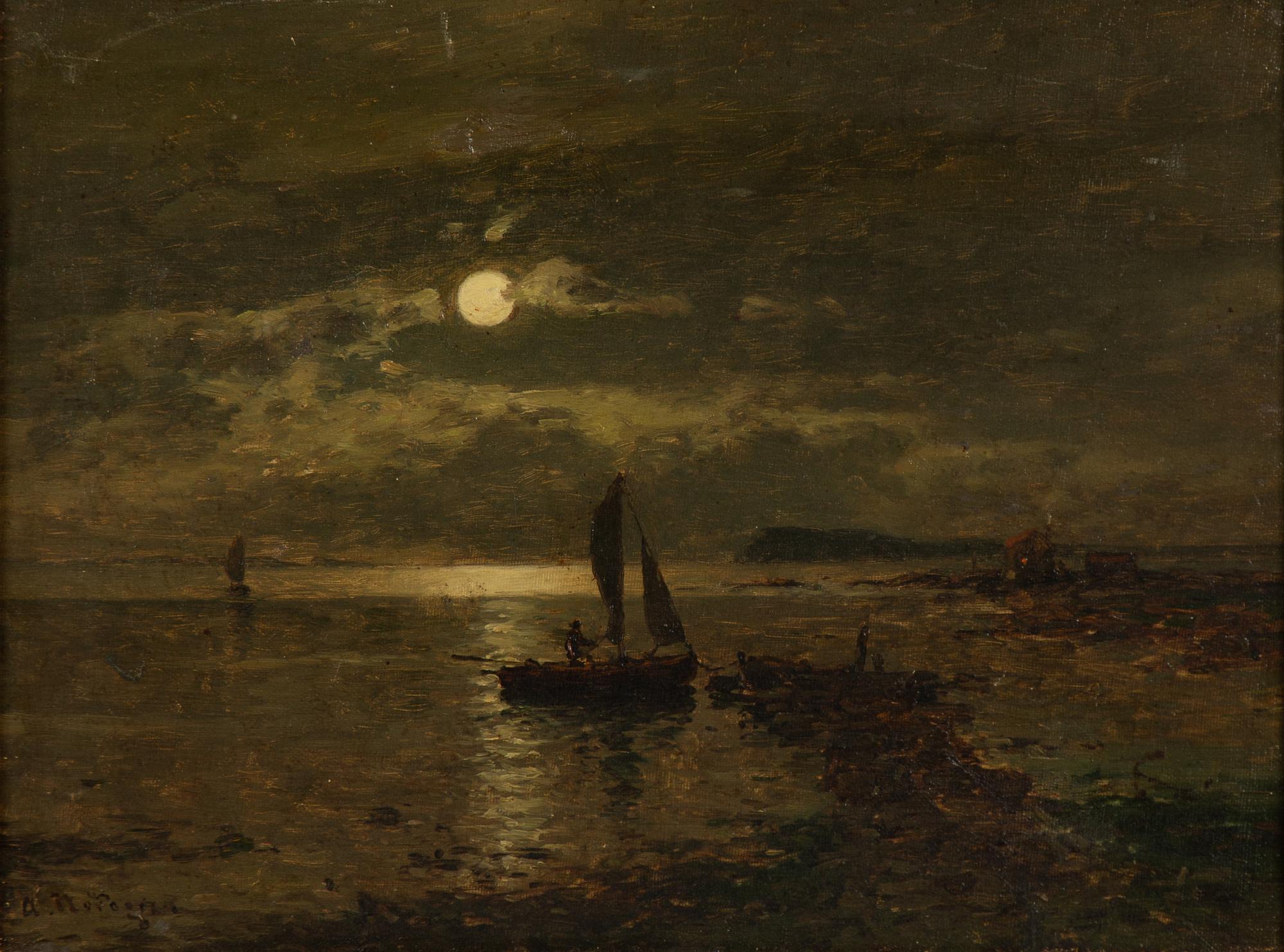 Axel Nordgren, Moonlight Landscape with Fishing Boat.