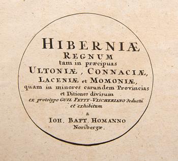 Johann Baptist Homann after, map Ireland, hand colored copper engraving, Nürnberg 18th Century latter part / 19th early.