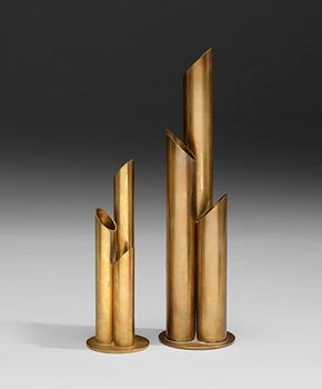 A set of two Ivar Ålenius Björk brass vases, Ystad Metall, 1930's.