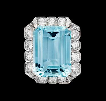 A stepcut aquamarine, 22.28 cts, and brilliant cut diamond ring, tot. 2.30 cts, 1975.