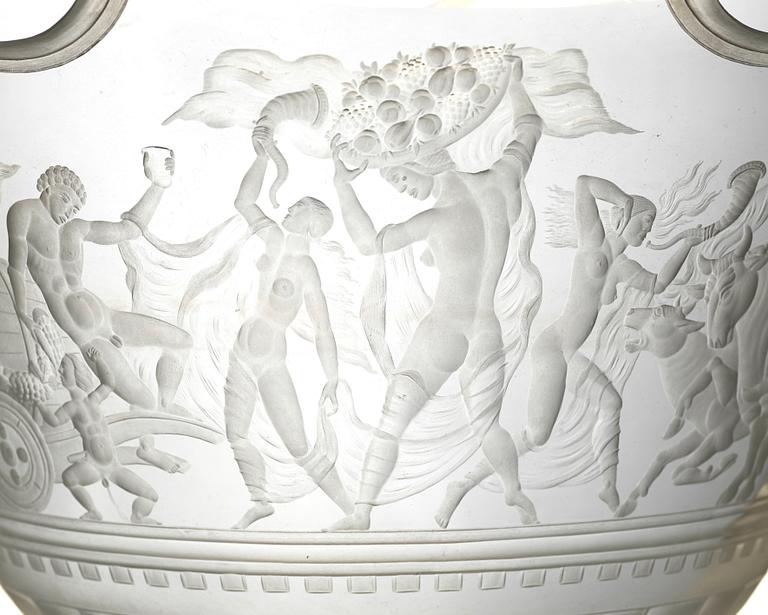 Simon Gate, a Swedish Grace engraved "Bacchus" bowl, Orrefors, Sweden 1926, engraved by Arthur Diessner.