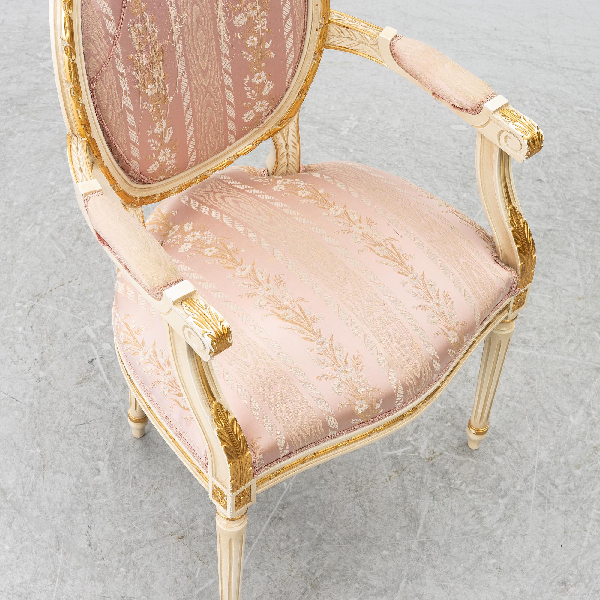 Dining table and armchair, Louis XVI style. Italy, second half of the 20th century.