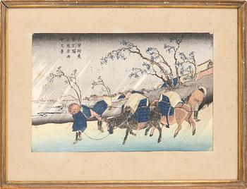 Katsushika Hokusai och Keisai Eisen, efter, färgträsnitt, 2st, Japan, 1900-tal.