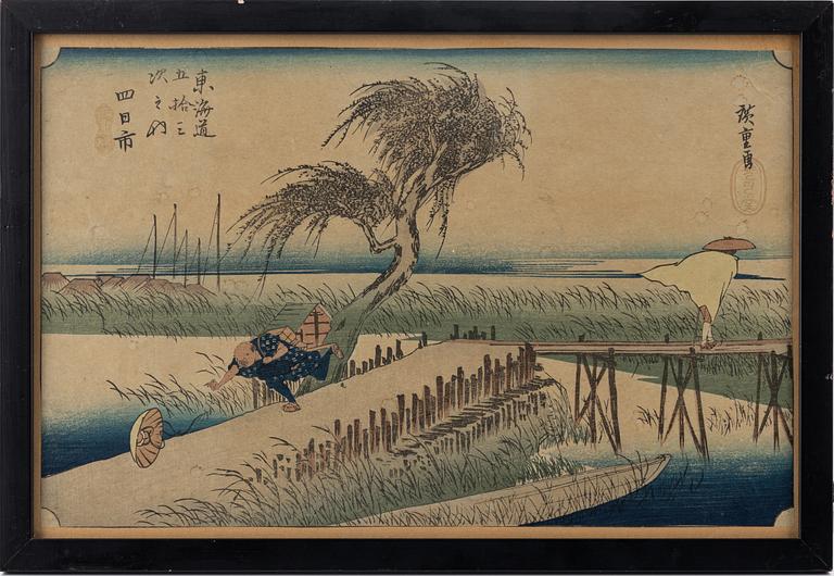Ando Utagawa Hiroshige, efter, färgträsnitt, 3 st, Japan, tidigt 1900-tal.