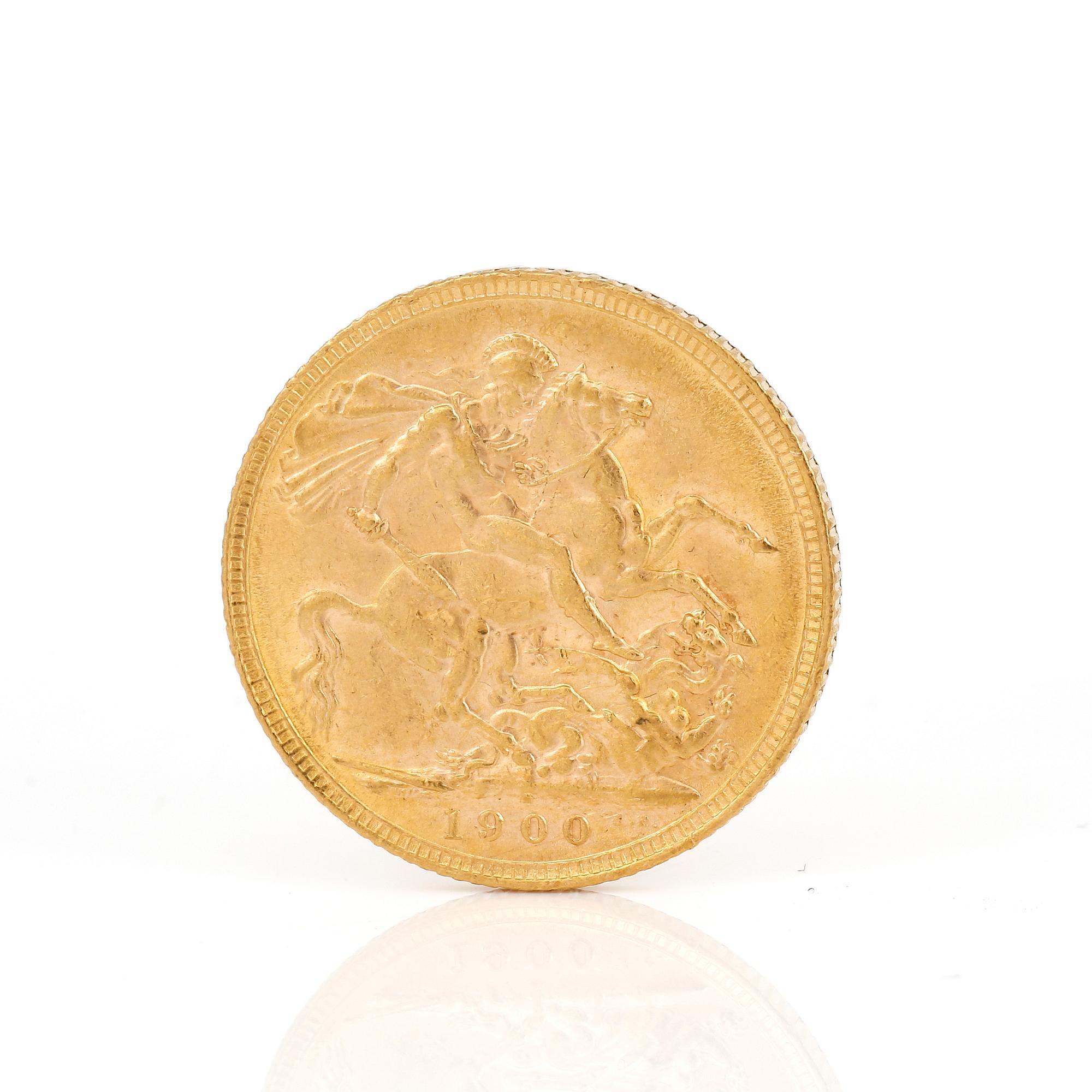 GULDMYNT, sovereign, Victoria, Storbrittannien 1900. Vikt ca 7 g.