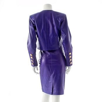 YVES SAINT LAURENT, a purple leather two-piece dress consisting of jacket and skirt.