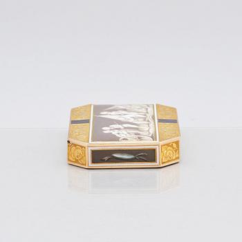 An early 19th century gold and enamel box, unidentified mark M, possibly Switzerland.