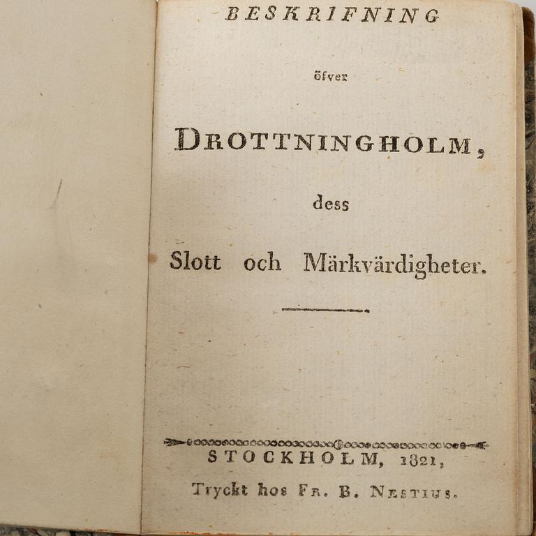 Samling äldre böcker, 8 st, mestadels om Drottningholm, 1700-1800-tal.
