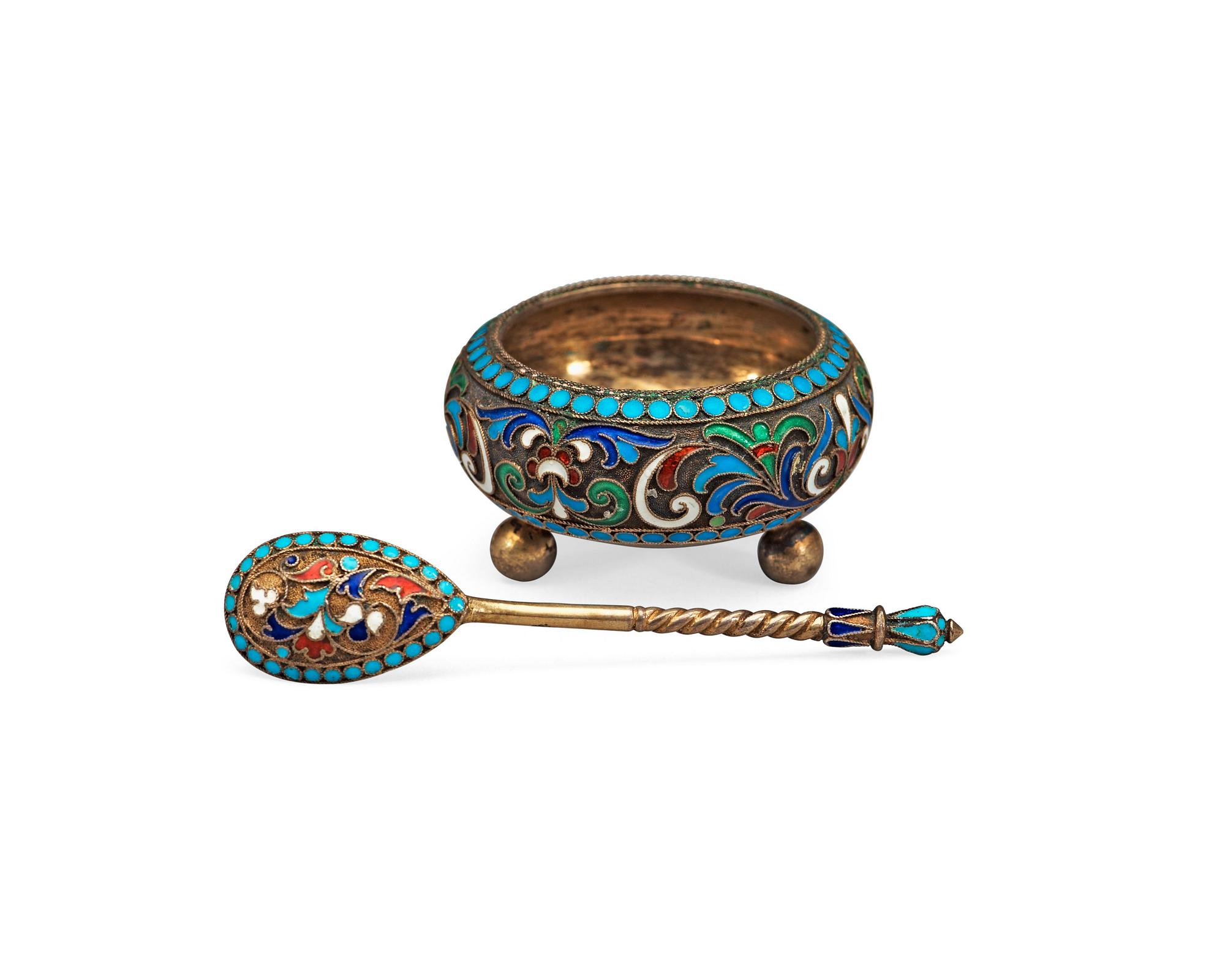 A Russian early 20th century silver-gilt and enamel salt and spoon, unidentified makers mark, St. Petersburg 1899-1908.