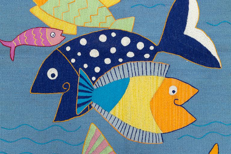 Matta, kelim, handbroderad, blå botten, ca 184 x 113 cm.