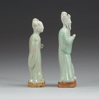 Two celadon glazed figures of daoistic deities, Qing dynasty, 18th Century.