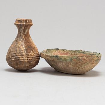 A pottery wine goblet and a vase, the green glazed goblet Han dynasty (206 BC-220 AD).