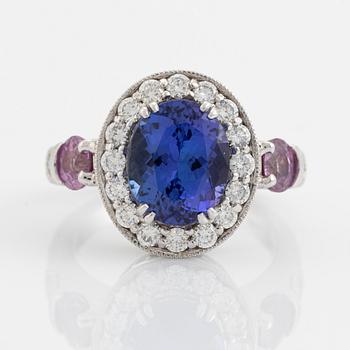 Tanzanite, pink sapphire      brilliant cut diamond ring.