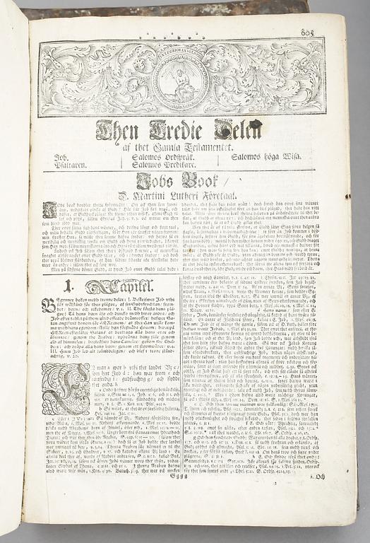 BIBEL, 3 vol, Biblia thet är all then heliga Skrift på Swensko...Carl the Tollftes.., Stockholm 1724-52.