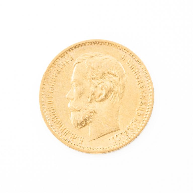 Gold coin, Nicholas II, Russia, 5 Rubles, 1898.