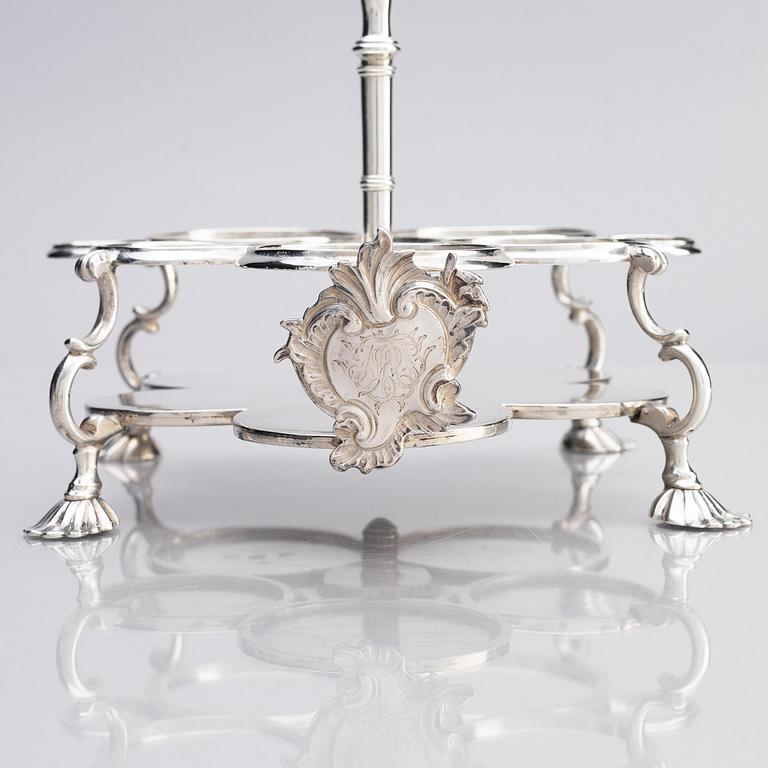 An English 18th century silver and glass cruet-set, mark of Jabez Daniel, London 1777 and possibly 1783.