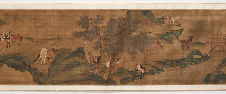 A long scroll painting after Zhao Yong (Zhao Zhongmu 1289-1369), ink and colour on paper and on silk, Qing dynasty.