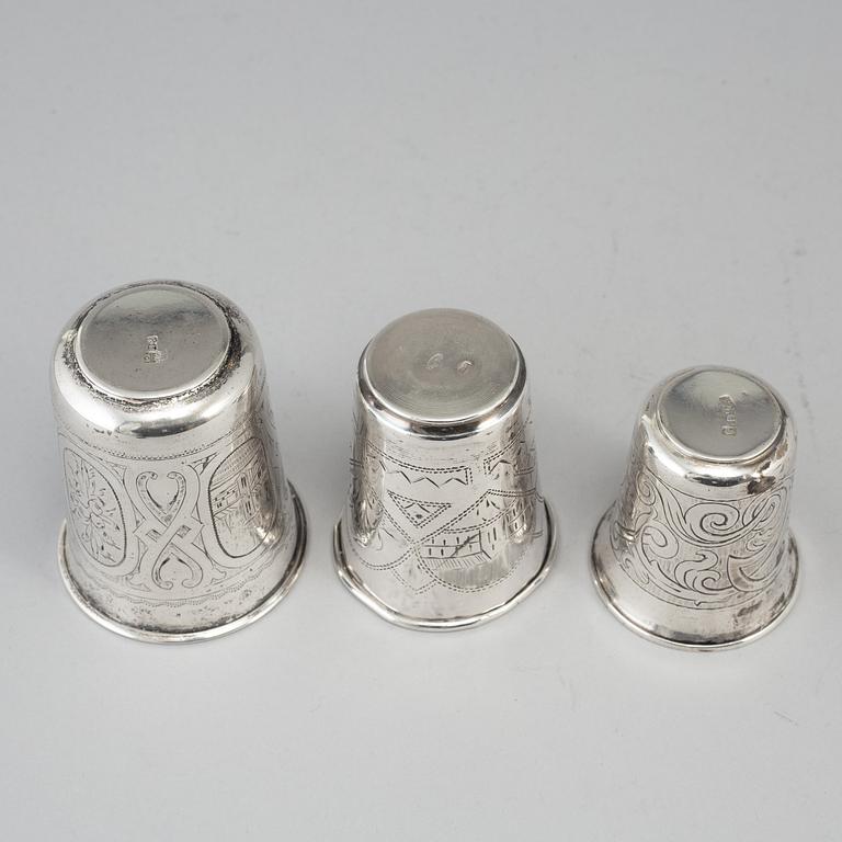 Three Russian silver beakers, late 19th century.