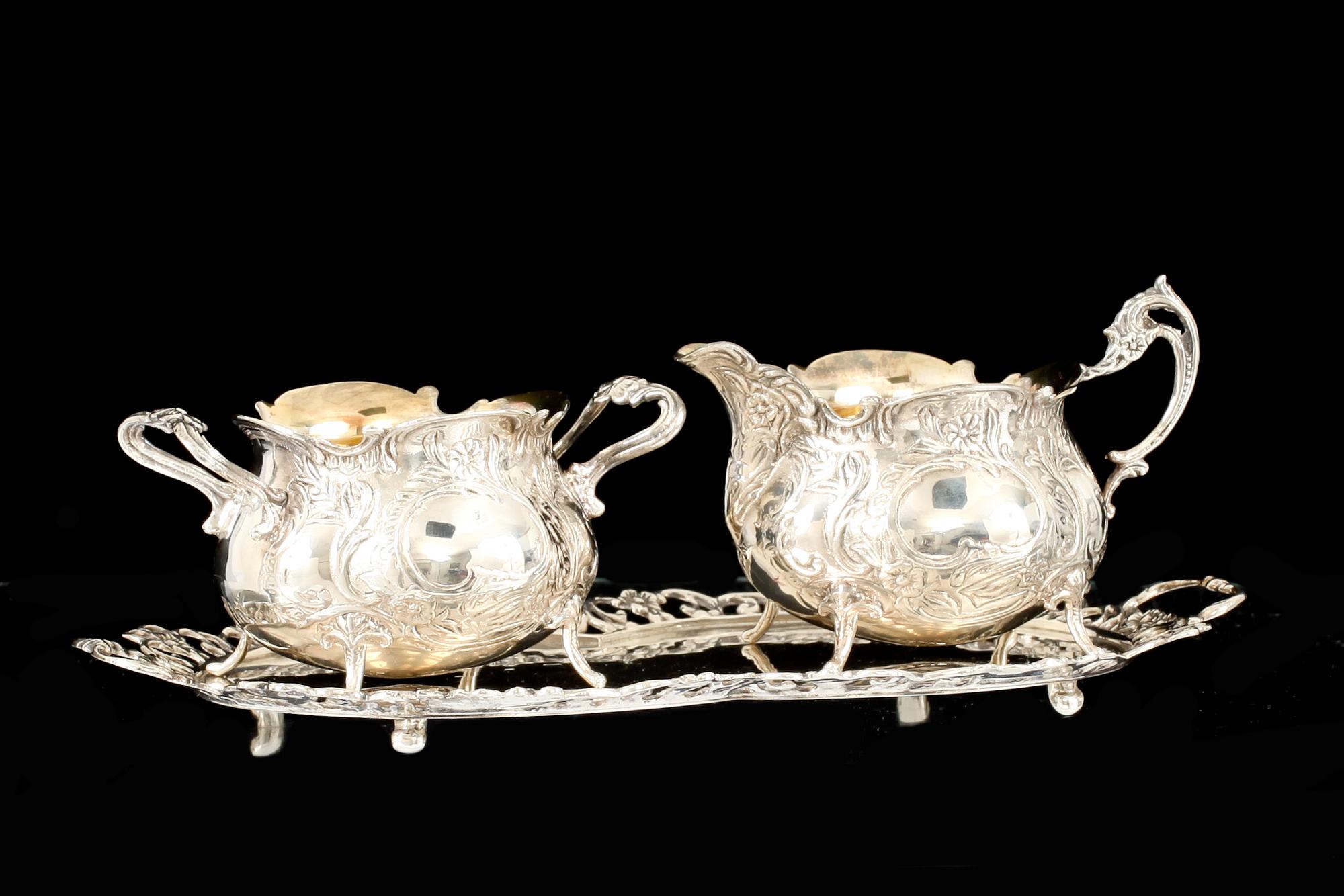 BRICKA, SOCKERSKÅL och GRÄDDKANNA, silver, GEWE, Malmö, 1960 och 70-tal, vikt ca 380g.