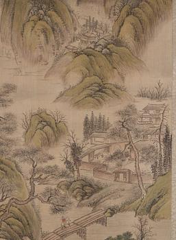 Zhang Qing (Tianma Shanmin), A mountain landscape with buildings and a man riding across a bridge in the foreground.