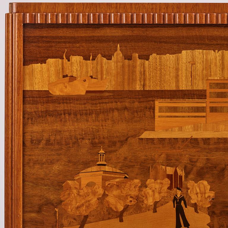 Erik Mattsson, "Stockholm 1", a cabinet, ed. 12/12, executed by Birger Ekman, Mjölby Intarsia for AB Harry Carlsson Stockholm, 1944.