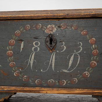 Färdskrin, Allmoge, Halland, daterat 1833.