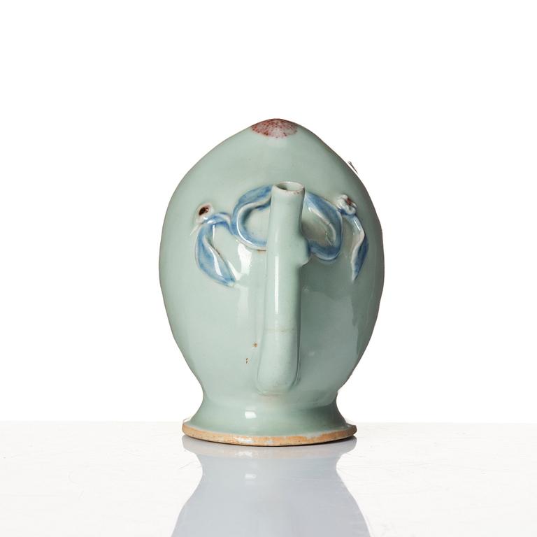 A celadon and underglaze blue and red glazed Cadogan tea pot, Qing dynasty, 19th Century.