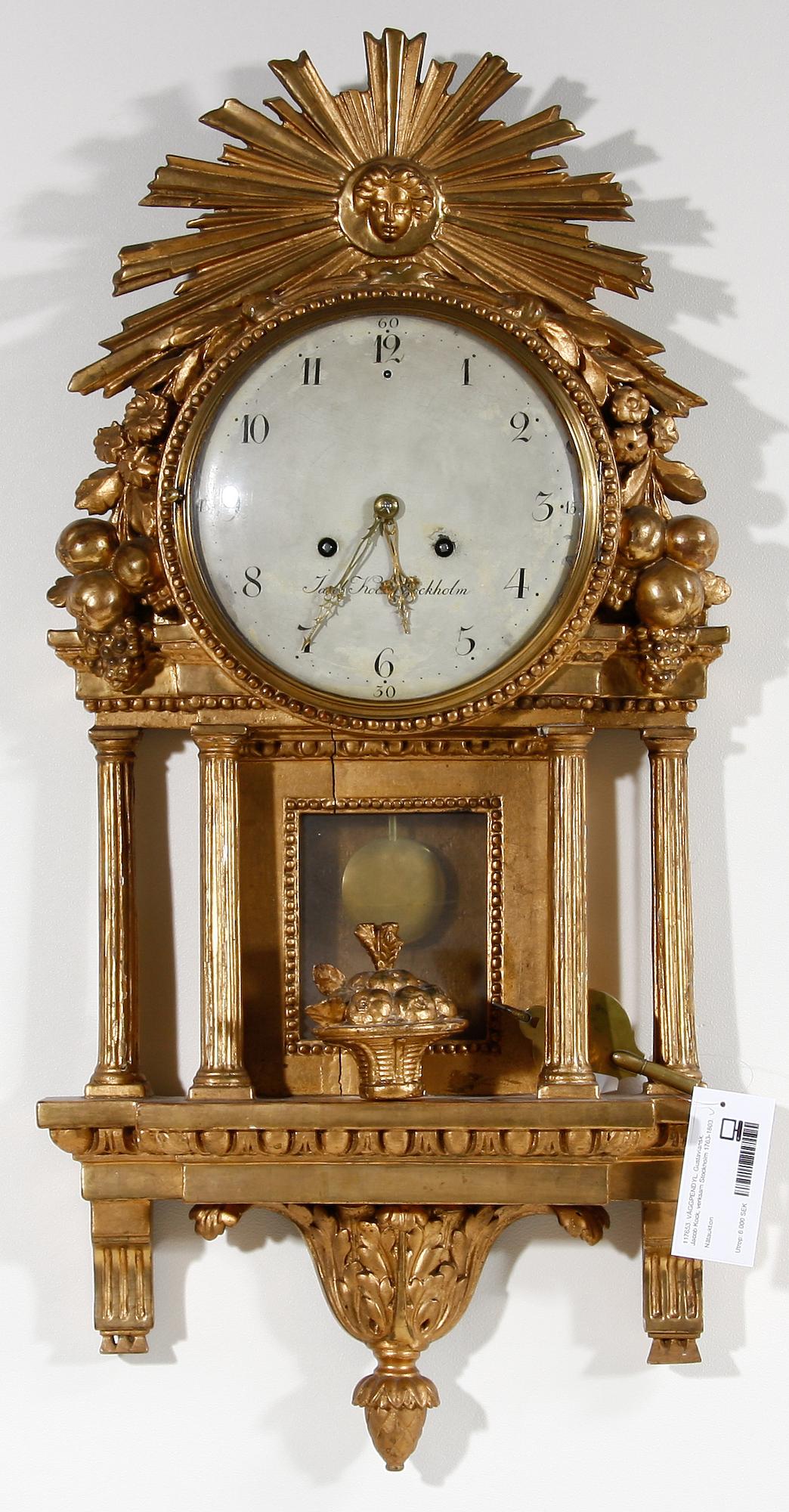 VÄGGPENDYL. Gustaviansk. Jacob Kock, verksam Stockholm 1763-1803.