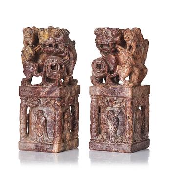 1238. A pair of large soapstone seal stamps, late Qing dynasty/circa 1900.