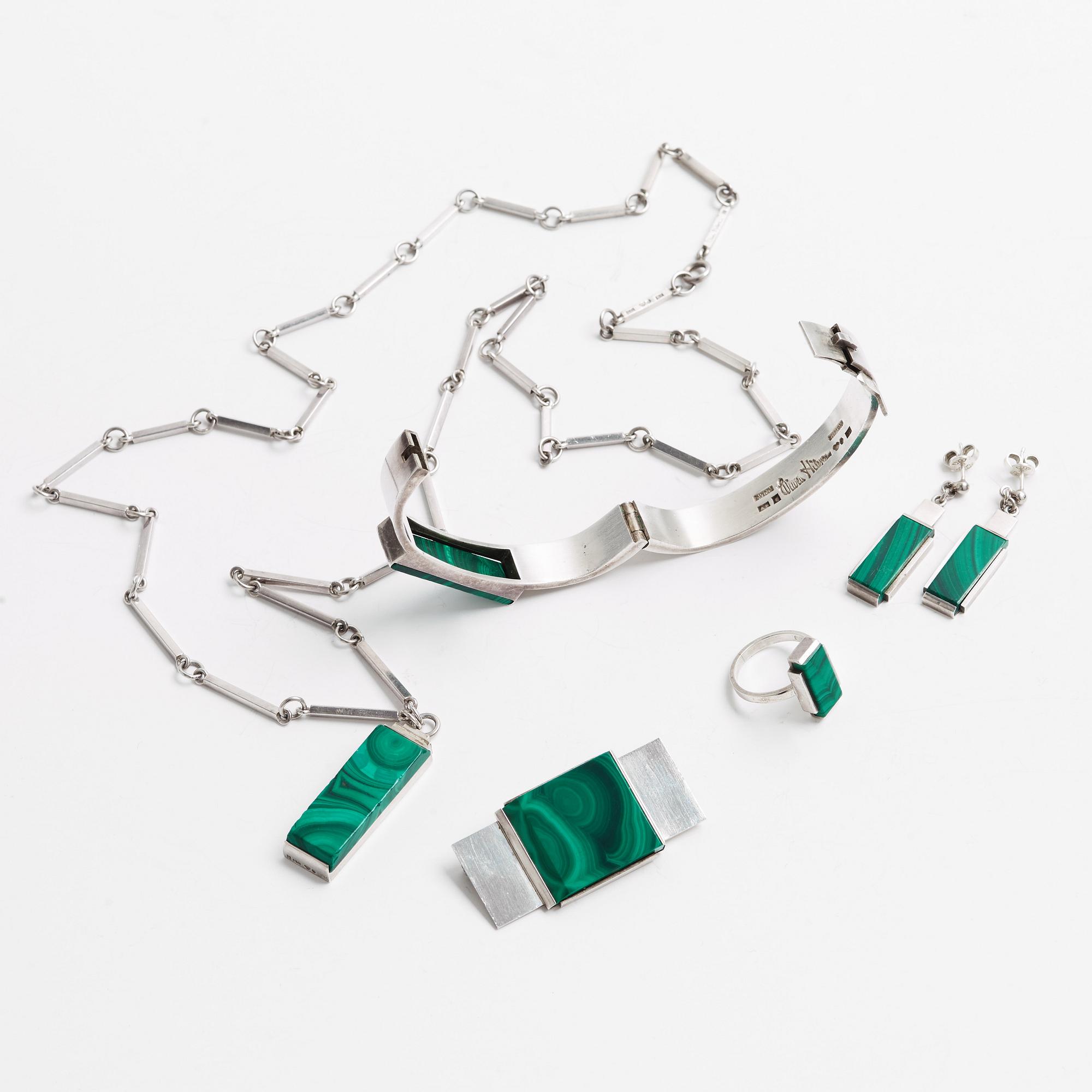 A Wiwen Nilsson set of six pieces of silver and malachite jewellery, Lund Sweden 1934-66.