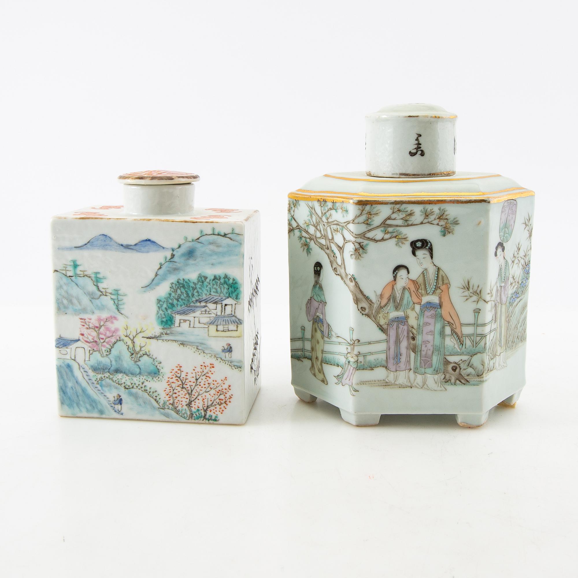 Two famille rose tea caddies, late Qing dynasty, circa 1900.
