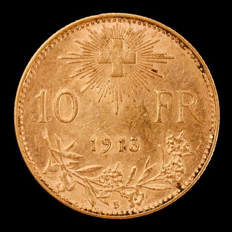 GULDMYNT, 10 fr, Schweiz, 1913. Vikt ca 3 g.