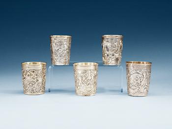 782. Five Russian 18th century silver beakers, marked Moscow.