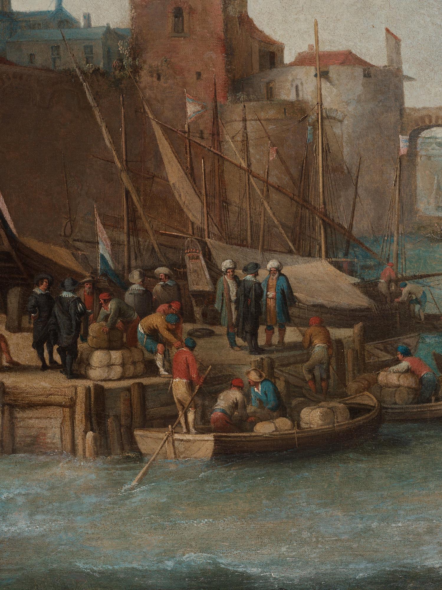 Abraham Willaerts Attributed to, Coastal Landscape with numerous Ships and Figures on the Shore.