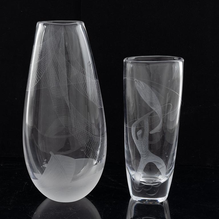Vicke Lindstrand, two glass vases, Kosta, mid 20th Century.