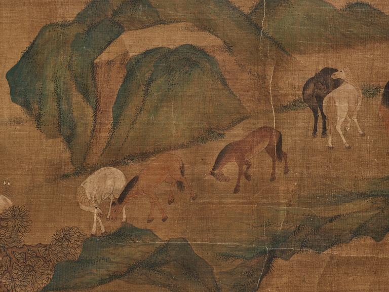 A long scroll painting after Zhao Yong (Zhao Zhongmu 1289-1369), ink and colour on paper and on silk, Qing dynasty.