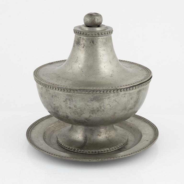 A Swedish 19th Century pewter tureen with lid and tray.