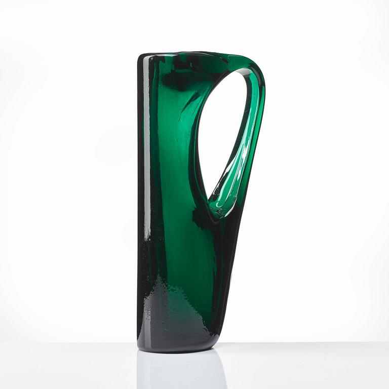 Giorgio Ferro, an oval, green glass vase, "Anse volante", A.VE.M (Arte Vetraria Muranese), Italy 1950's.