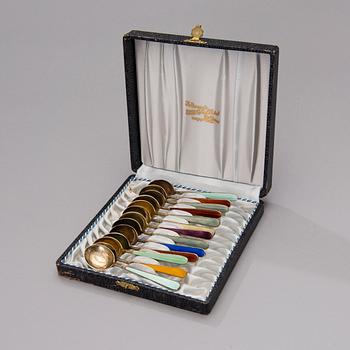 MOCCA SPOONS, 13 pcs, gilded silver 916 with enamel decorations, Tillander, Helsinki 1950-61.