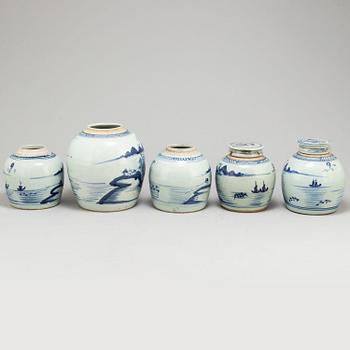 Five blue and white jars, Qing dynasty, 18t/19h century.