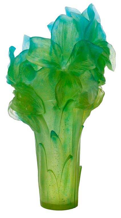 An 'Amaryllis' pate-de-cristal green and turqiose vase by Daum, contemporary make, signed and numbered. Certificate and perfume enclosed.