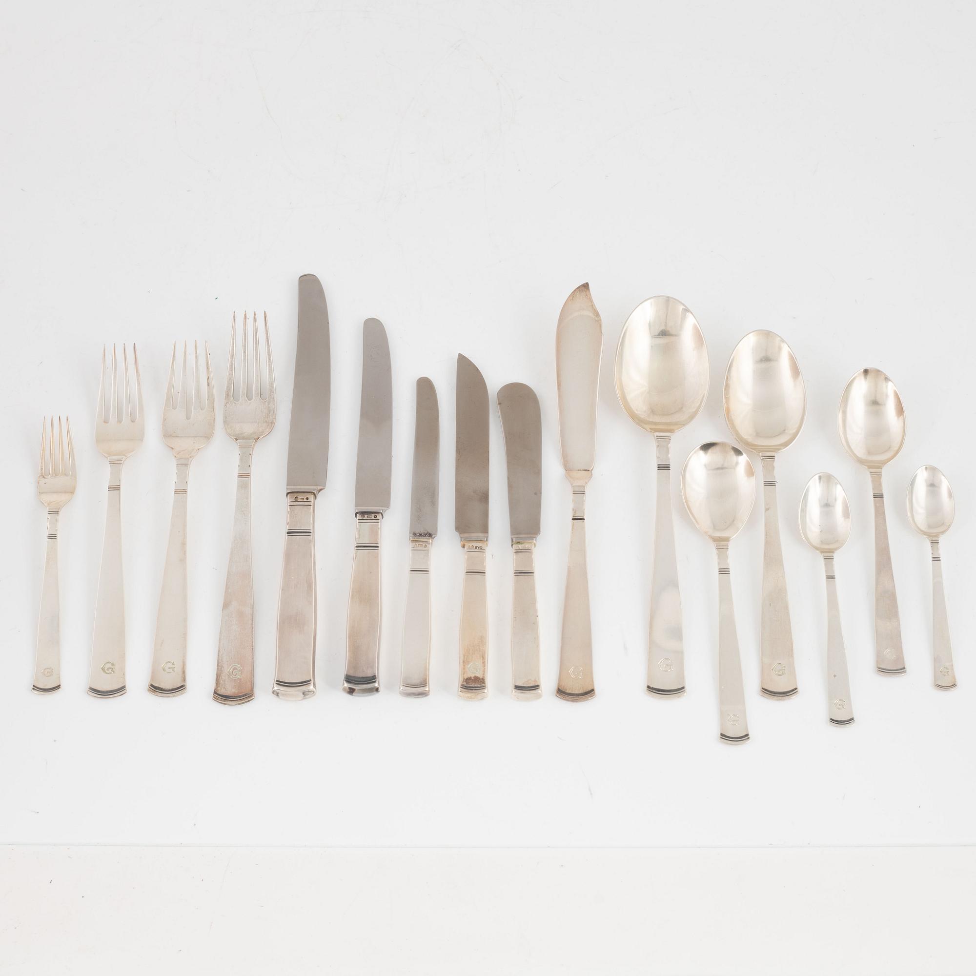 Jacob Ängman, besticksservis, 130 delar. silver "Rosenholm", Stockholm, 1946-1967.