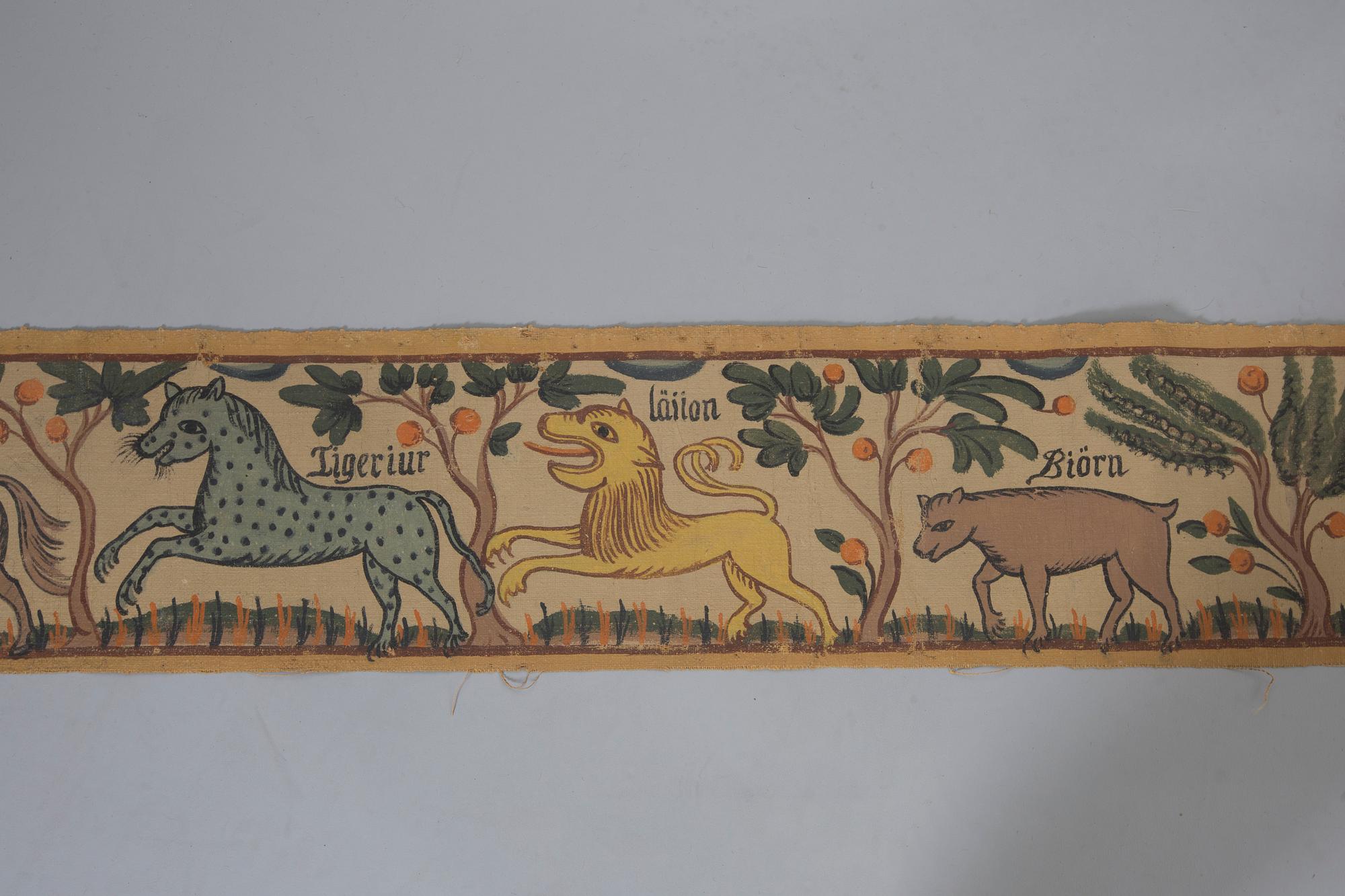 VÄGGBONAD, målad på duk, Södra Unnaryd socken, enligt påskrift. Småland, Omkring 1900.