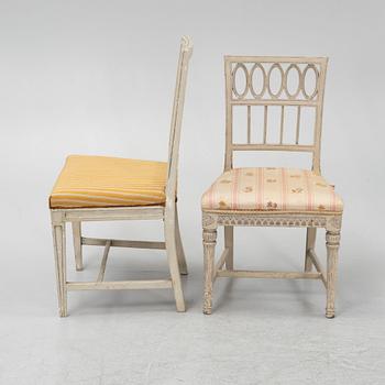 Six Gustavian chairs, different models, from Lindome, Sweden, around 1800.