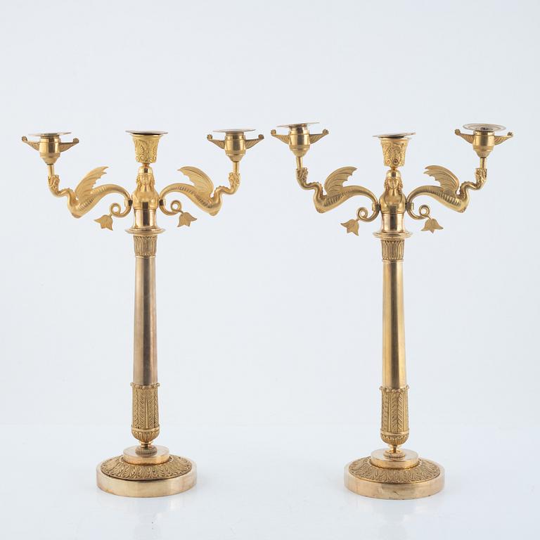 A pair of ormolu three-branch Empire candelabra, Stockholm, early 19th century.