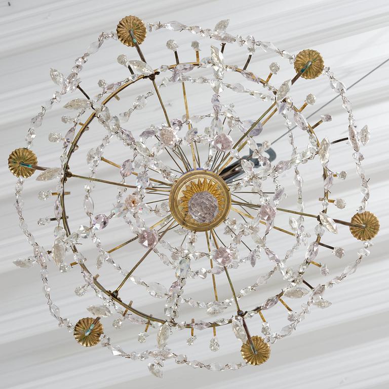 A Russian / Northern European Louis XVI-style gilt brass and blue glass six-branch chandelier, 19th century.