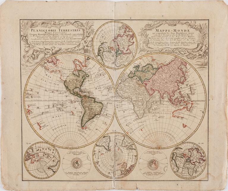 JOHAN BAPTISTA HOMANN(HANS ARVINGAR),  världskarta, Planiglobbi Terrestris, 1700-talets andra hälft.